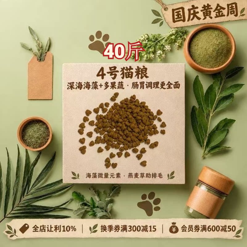 阿幸素食宠粮4号纯素海苔猫粮/低盐易消化健脾胃消食除胀/40斤