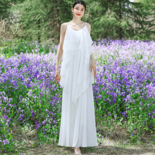 气质复古大摆海边度假裙白色吊带雪纺长裙子显瘦连衣裙仙女裙飘逸