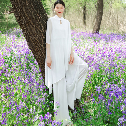 雪纺夏季复古立领茶服女两件套装