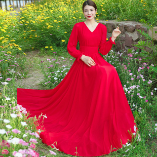 复古气质v领长袖 纯色长裙子大摆裙大红色雪纺海边度假裙连衣裙女