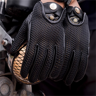 MR MOTOR夏季透气网眼复古男女真皮手套机车户外骑行影流全指手套