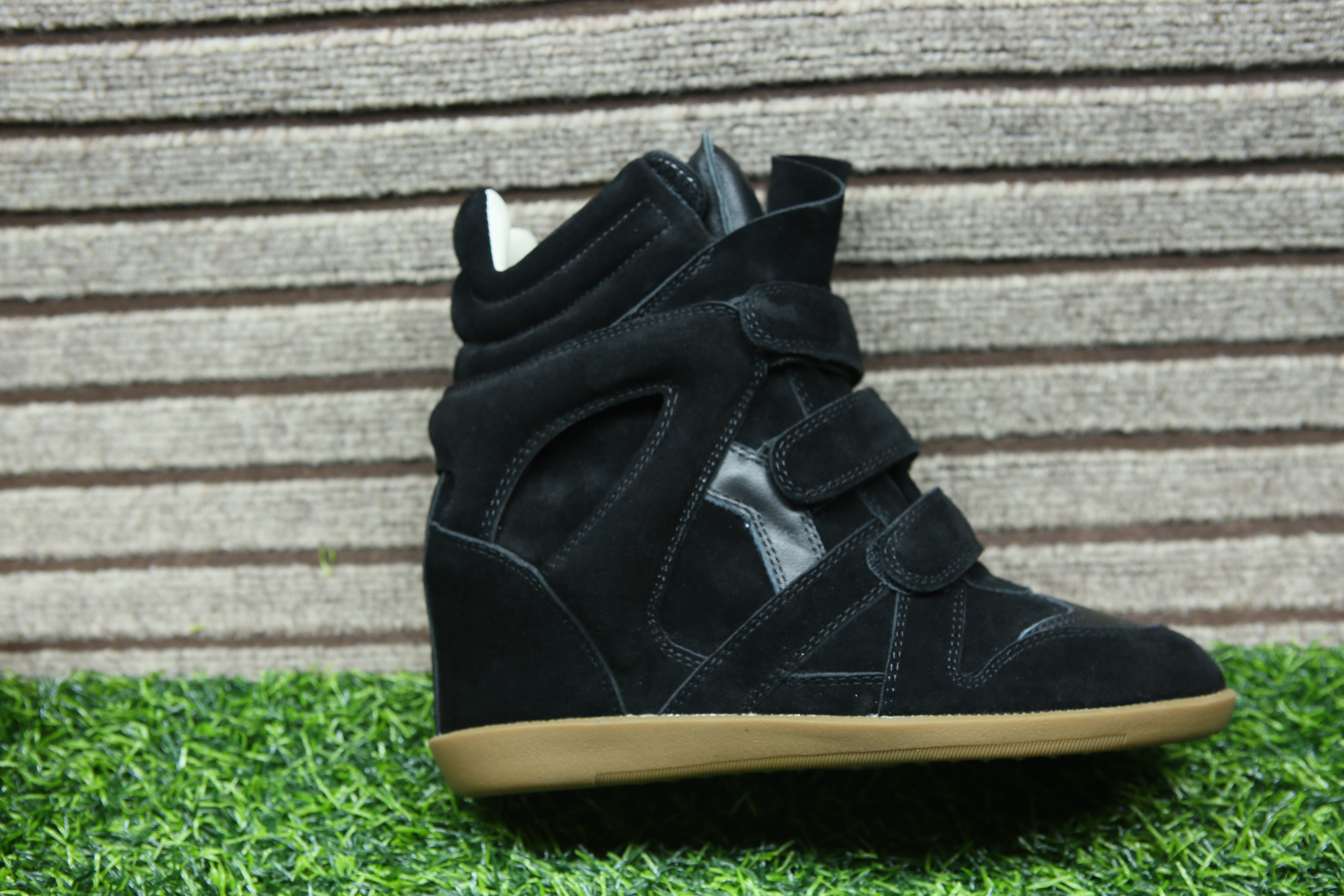 thumbnail for Winter 8cm invisible inner height increase female high top black round toe flat sole casual small man Velcro sneakers women