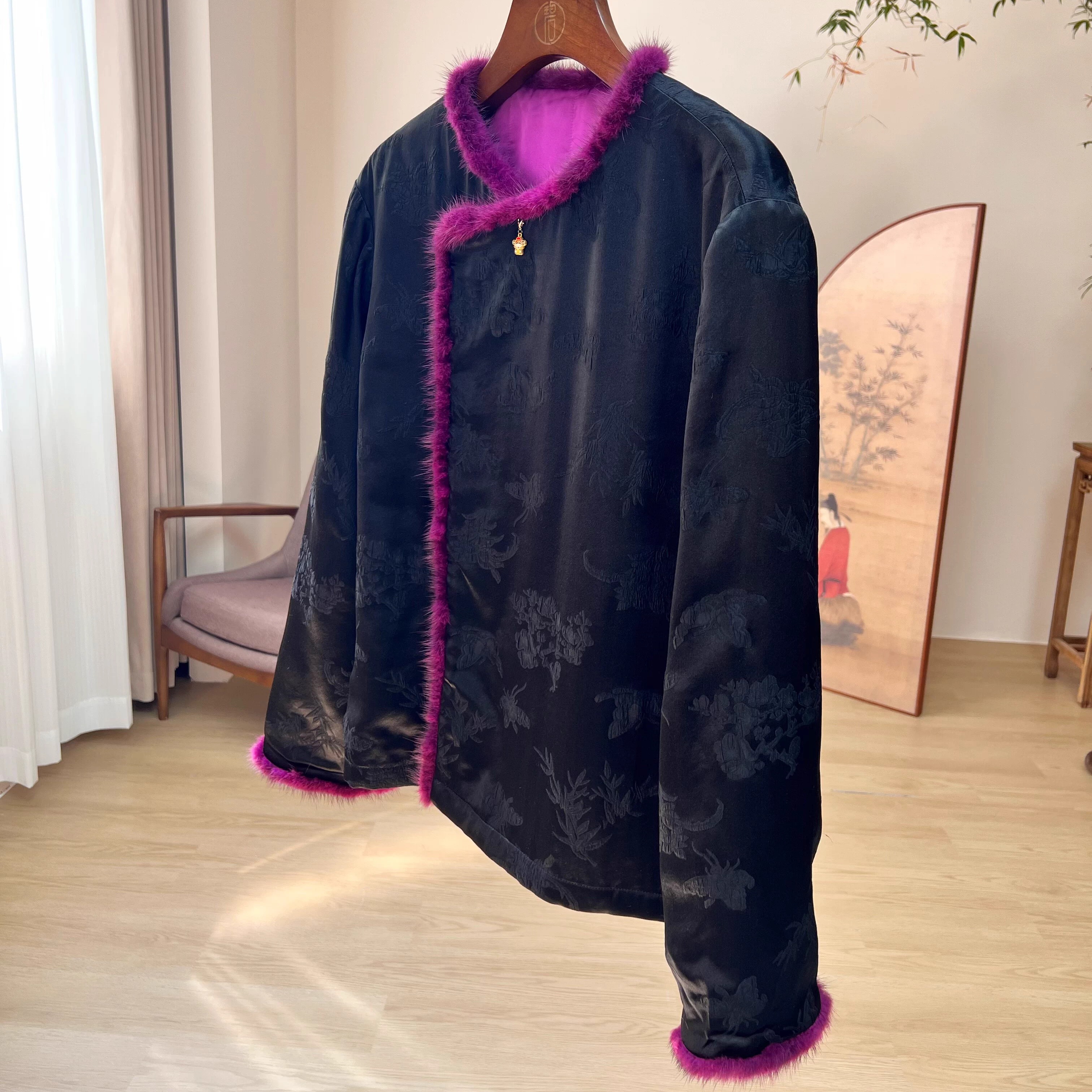 拉贝碧【买一送一】暗夜精灵新中式桑蚕丝夹棉水貂毛棉服棉袄外套