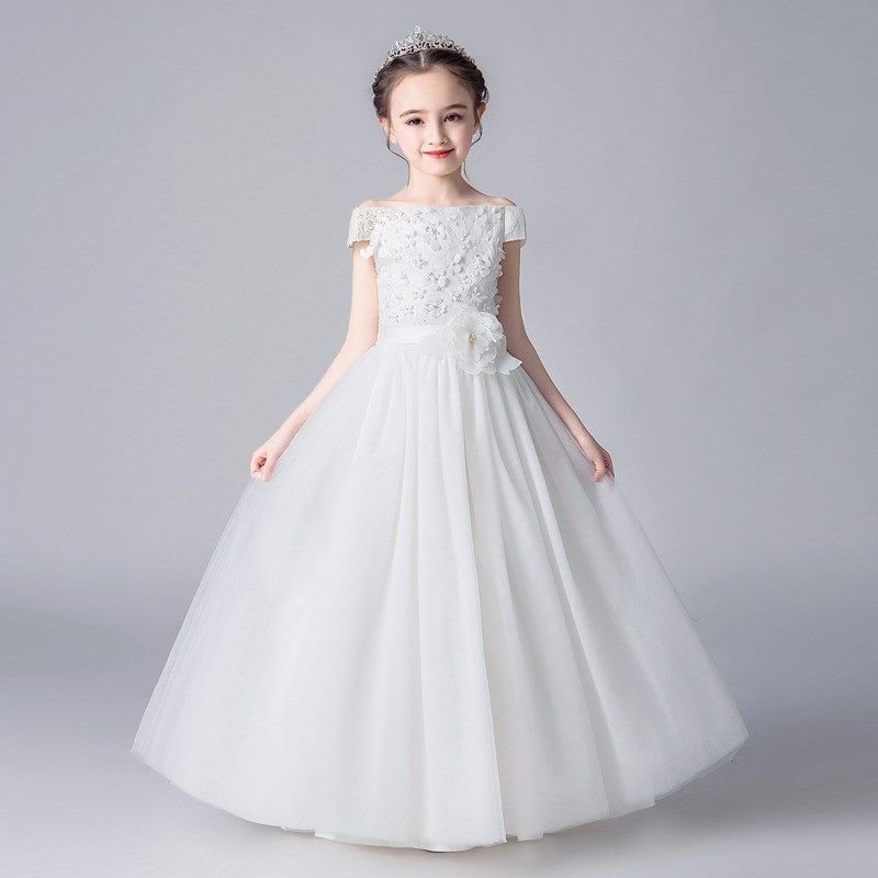女童一字肩公主裙花童生日蓬蓬纱洋气婚纱儿童钢琴演出礼服裙春夏