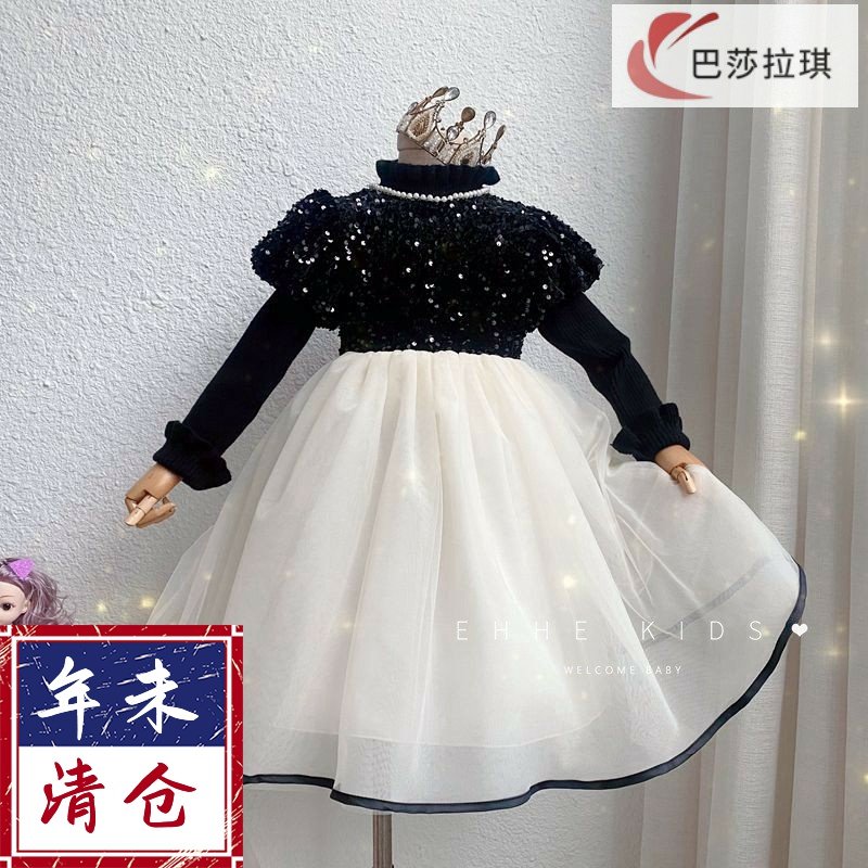 女童连衣裙秋季新款儿童bling闪闪亮片拼接毛衣泡泡袖公主网纱裙