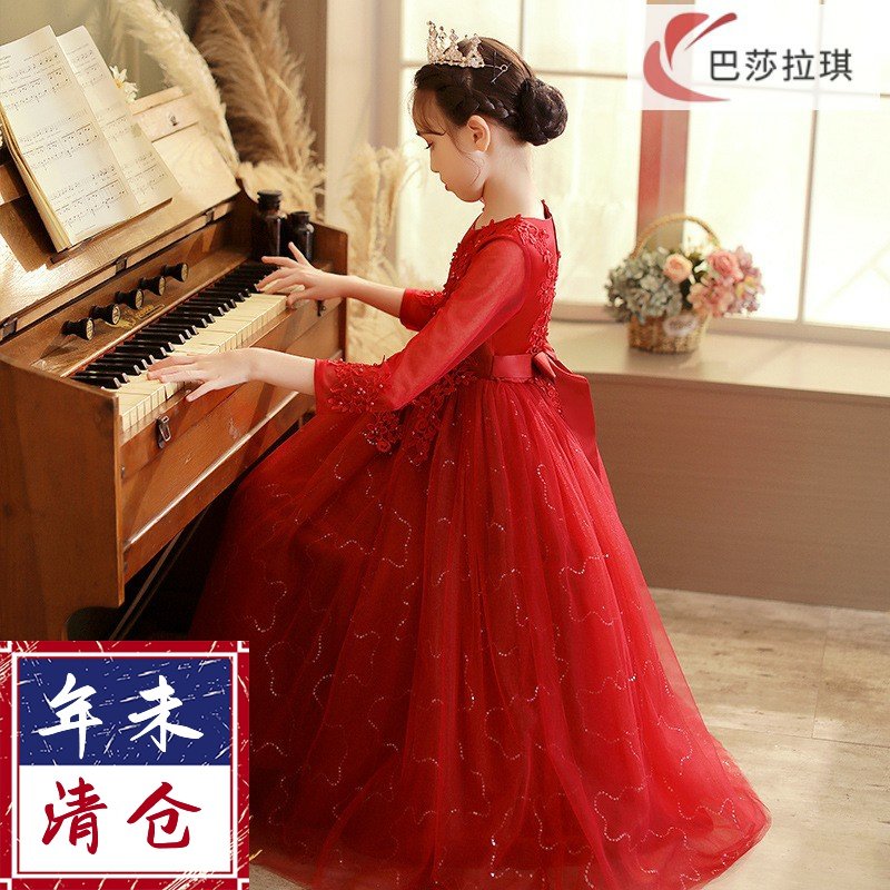 女童公主裙春秋装蓬蓬纱长裙礼服中大花童婚纱女孩钢琴演出服