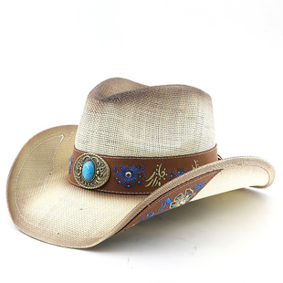 高端藏式民族风图案美国骑马男女硬挺大檐西部牛仔草凉帽防晒遮阳