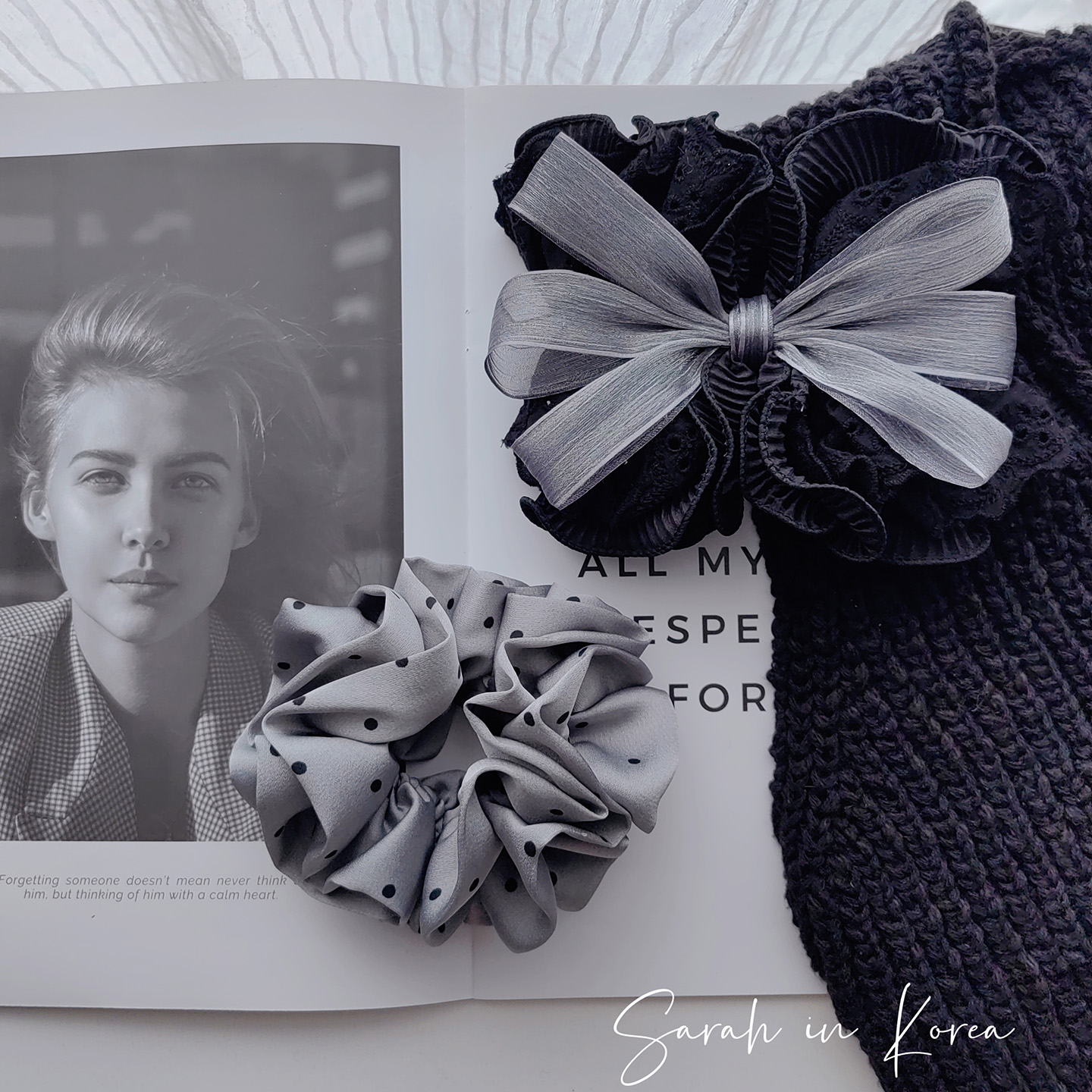 Sarah in Korea韩国 办公室通勤白领波点灰色发圈蝴蝶结发夹