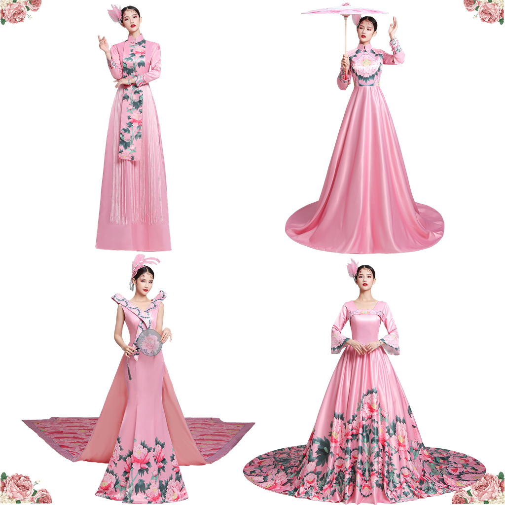 粉牡丹商演模特走秀t台车展礼服
