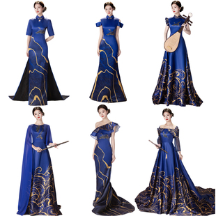 中国风蓝色旗袍长裙表演舞台演出服中国风拖尾民乐主持人艺考礼服