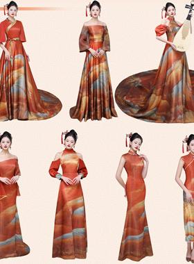 红色千里江山中国风华服中式民乐演出商演舞台走秀中老年旗袍礼服