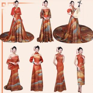 红色千里江山中国风华服中式 民乐演出商演舞台走秀中老年旗袍礼服