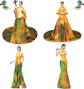 中国风江山水墨画旗袍大赛礼服舞台演出华服商演走秀静展礼仪服装