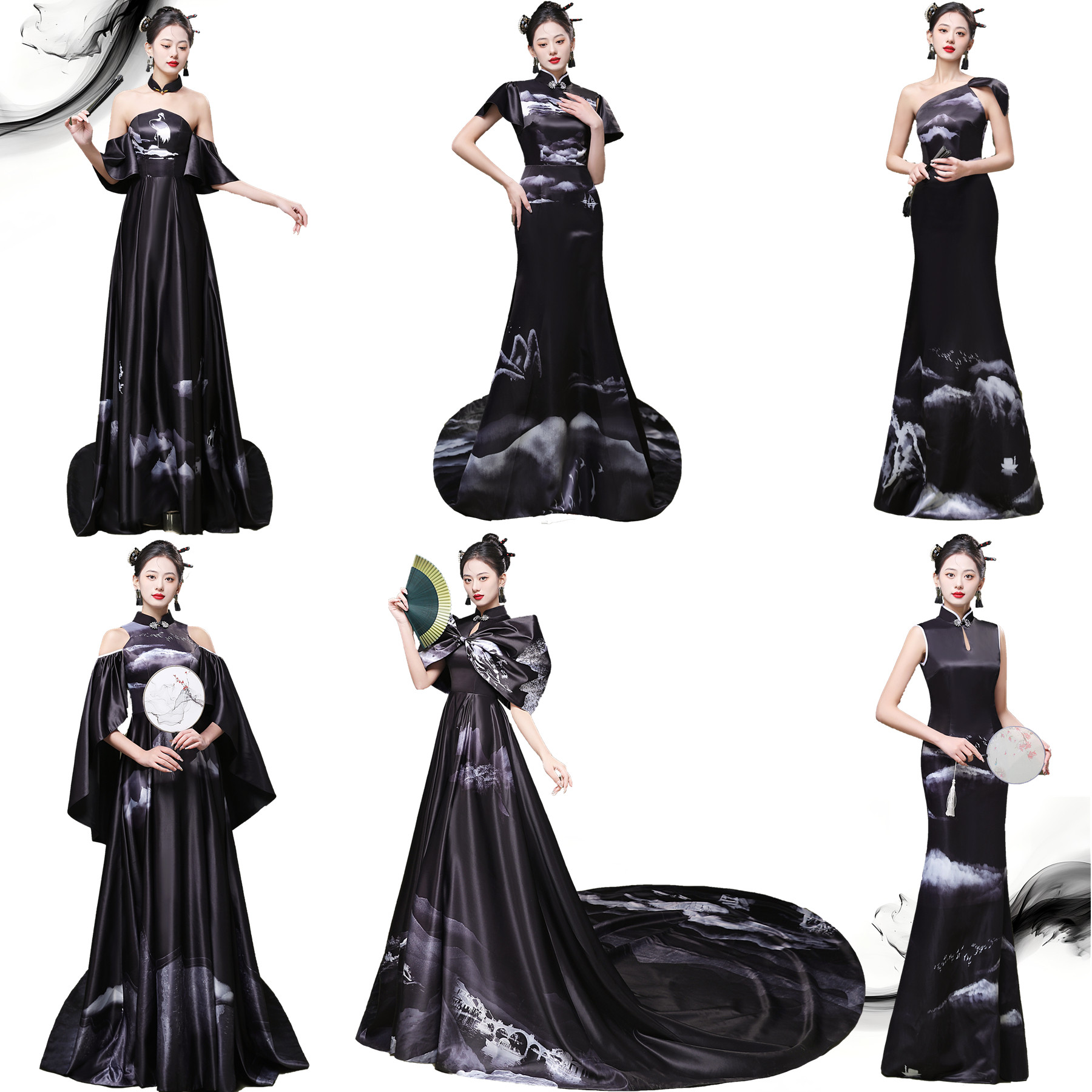 黑色中式中国风水墨星河礼服车展商演民乐走秀旗袍大赛舞台演出服