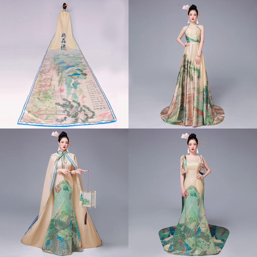 国风山水画华服古筝演出走秀旗袍