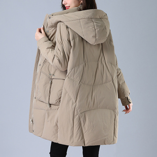 中老年妈妈宽松大码 新款 白鸭绒外套 2024年冬季 连帽羽绒服女中长款