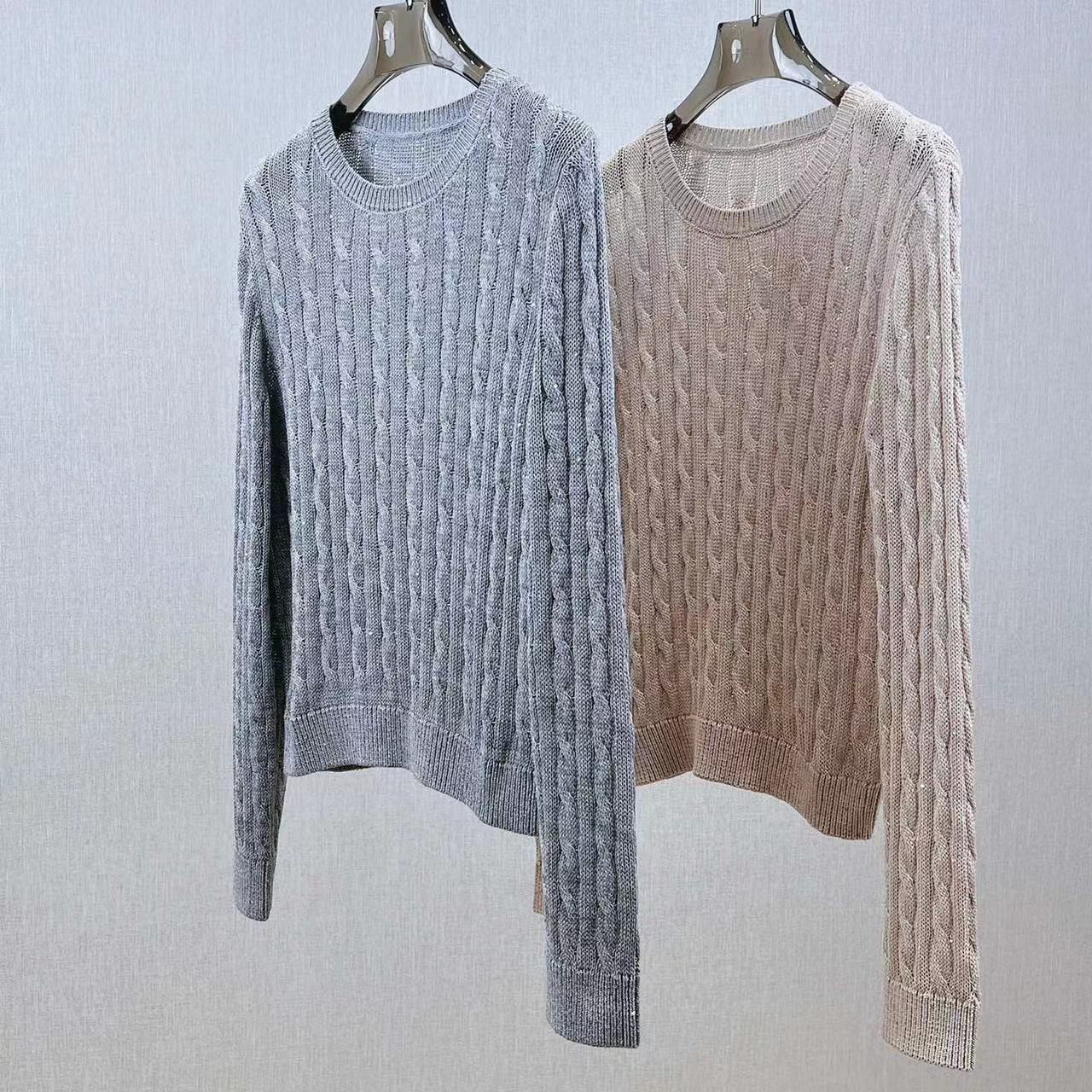 B*C 2025早秋新款经典麻花亮片圆领套头针织衫女修身亚麻长袖上衣