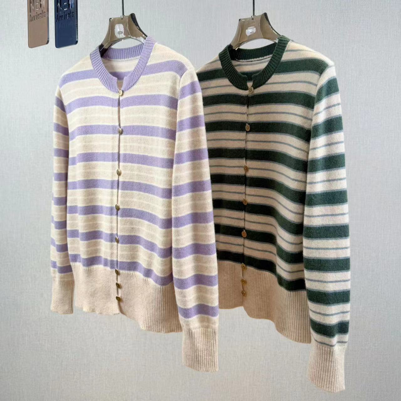 撞色条纹圆领针织开衫女长袖