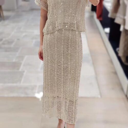 夏季亮片网眼针织直筒中长半裙