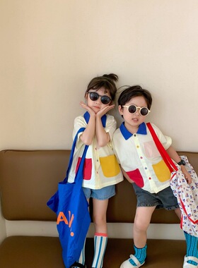 韩版儿童衬衫2026夏季男女童拼接短袖衬衫宝宝上衣洋气兄妹装潮