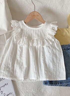 2026夏季女童无袖花边衬衣小飞袖荷叶边背心娃娃衫女宝宝纯棉上衣