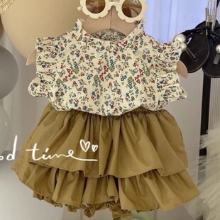 女童套装短袖上衣2025夏季新款复古碎花背心花苞裙裤女宝宝短裙