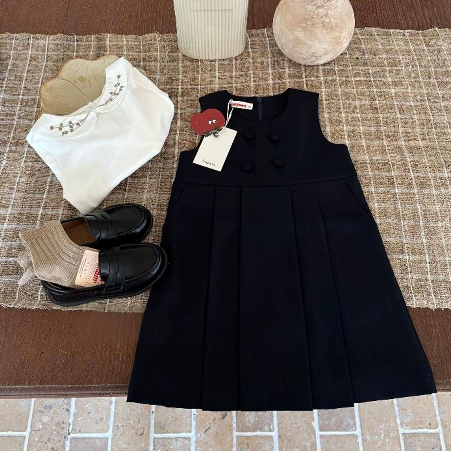 女童无袖连衣裙套装双排扣百褶女宝宝背心裙气质百搭学院风中长裙