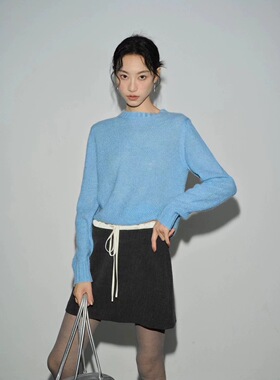 LION&CAT秋冬马海毛蓝色毛衣女宽松慵懒风针织衫上衣