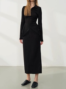 拼接连衣裙 显瘦长袖 LION&CAT26春季 小众设计黑色修身