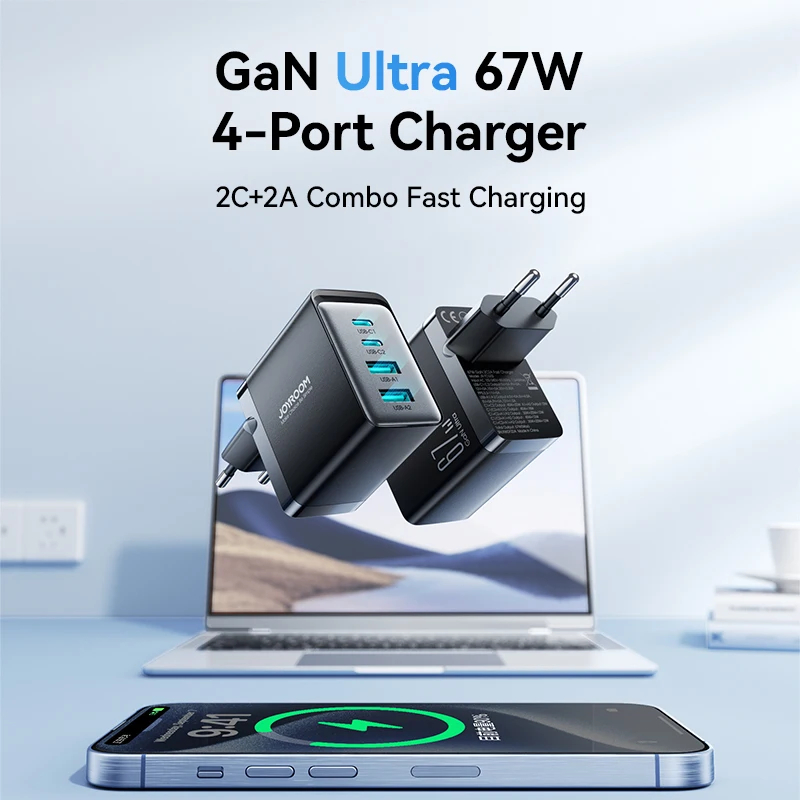 机乐堂欧标67W氮化镓充电器适用iPhone16promax快充4孔口Typec苹果安卓欧规圆脚插头平板ipad笔记本电脑usbc