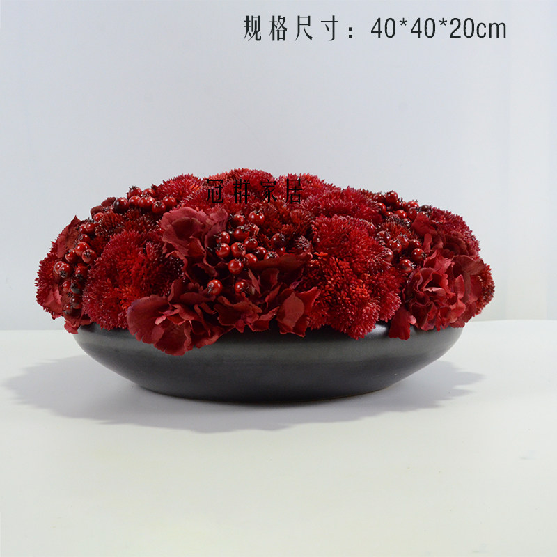 酒店会所大圆桌花艺中间摆花 新中式假花成品装饰 仿真绣球针垫花