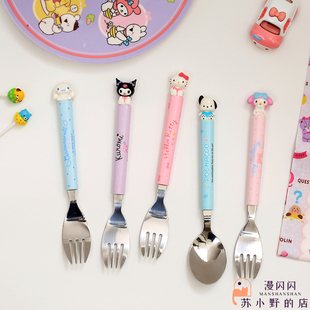 日本正版三丽鸥kitty不锈钢勺子叉子库洛米卡通造型公仔可爱餐具