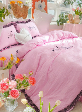 又仙又美~黑色蕾丝粉色水洗棉被套单件花边宿舍150*200*230cm被罩