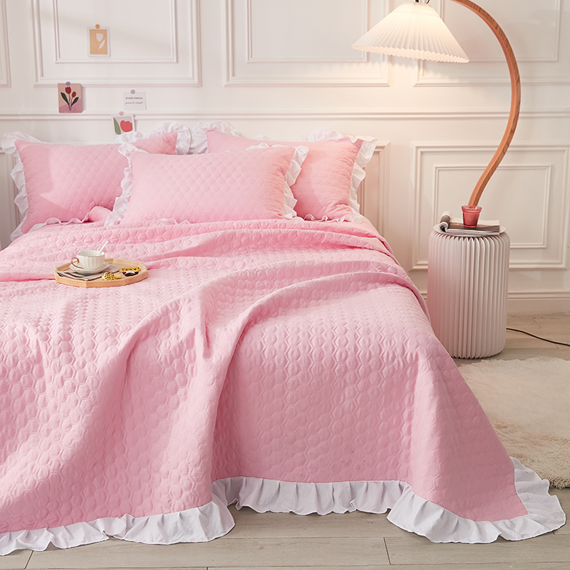 公主风荷叶花边纯色简约水洗棉床单三件套床盖单件双人被单盖毯被