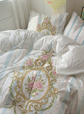 法式洛可可宫廷蔷薇甜美卧室水洗棉床品三四件套床单床笠被套宿舍