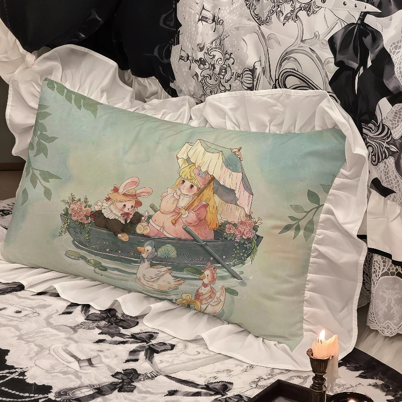 森系小清新枕套水洗棉秘境法式荷叶花边腰靠枕春枕头芯套女孩