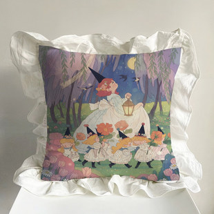 小女巫独创抱枕水洗棉荷叶花边插画沙发靠垫腰枕含芯春日汽车装饰