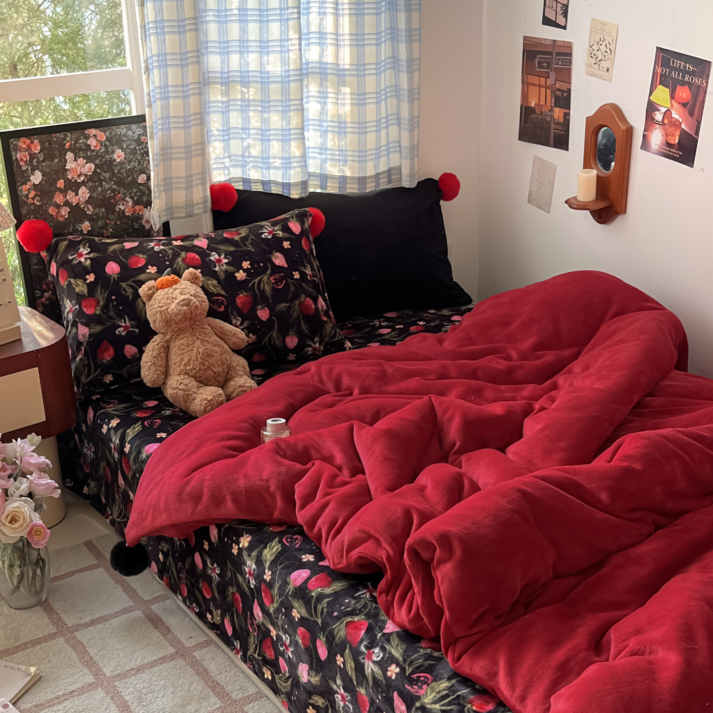 毛毛球牛奶绒三四件套撞色小红书双面加绒加厚保暖冬床品被套枕套