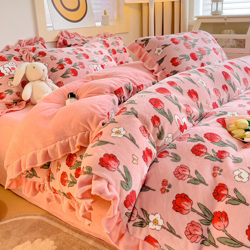 高克重韩版牛奶绒宝宝绒水晶绒小碎花荷叶花边四件套被套床单床笠