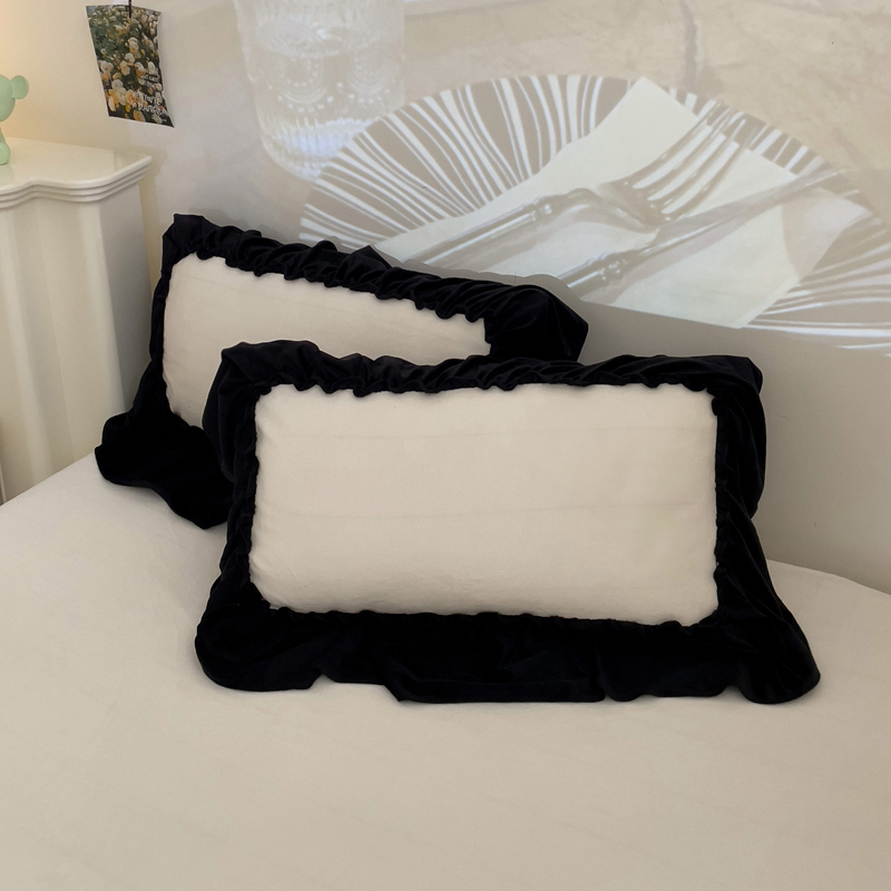 冬季保暖加厚加绒枕套一对装双面牛奶绒黑色花边枕芯套枕头套枕皮
