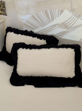 冬季保暖加厚加绒枕套一对装双面牛奶绒黑色花边枕芯套枕头套枕皮