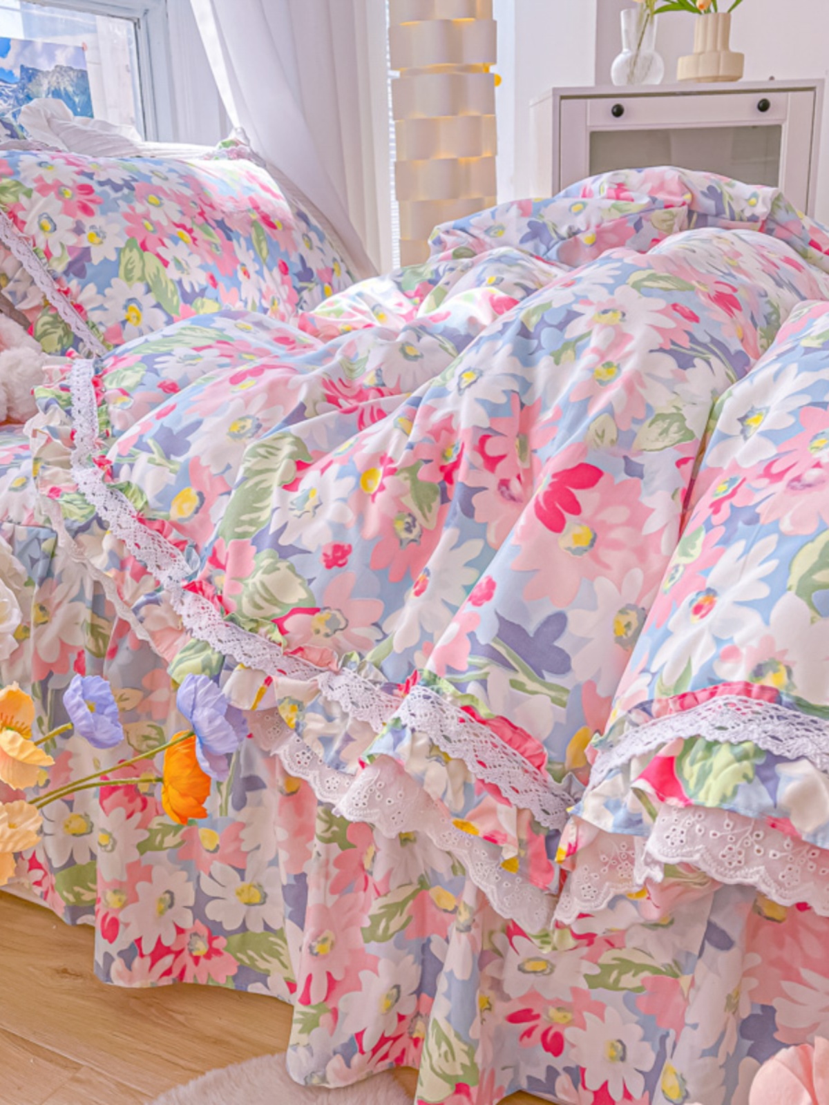 所有小花新鲜水洗棉布床裙床罩风格床四件套蕾丝被套少女心床上用