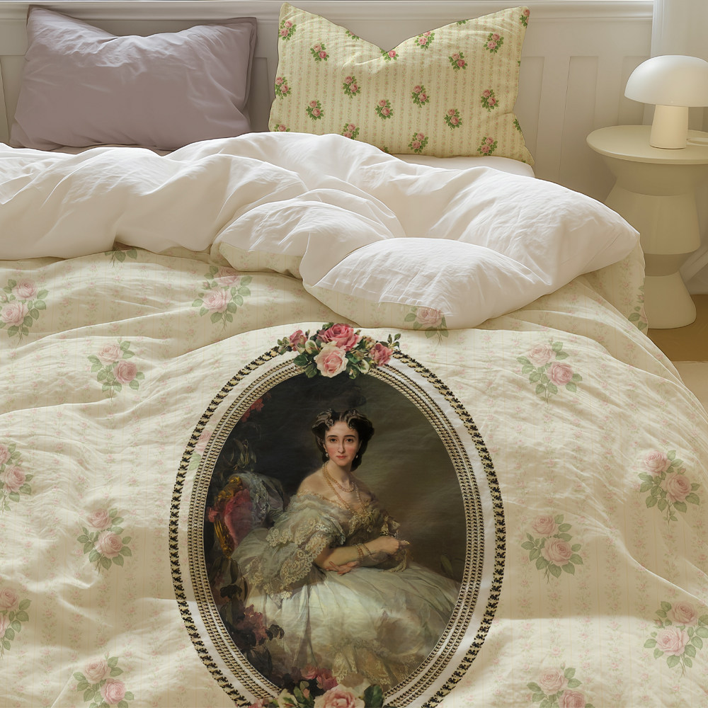 油画宫廷风法式复古玫瑰水洗棉床品三四件套被套床单宿舍