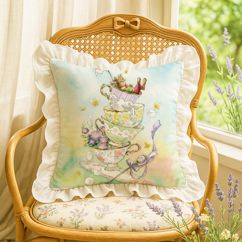 午后红茶抱枕水洗棉荷叶花边原创设计沙发靠垫腰枕套含芯汽车装饰