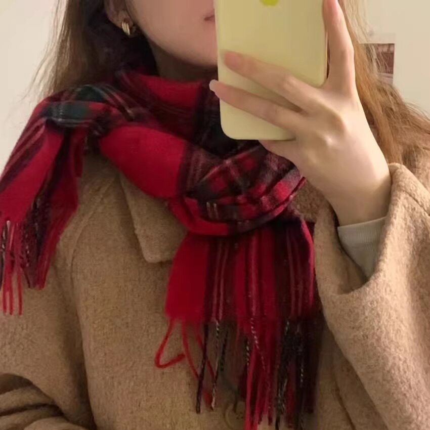 新款英伦澳洲红色纯羊毛格子礼品围巾男女冬季学生高档保暖围脖