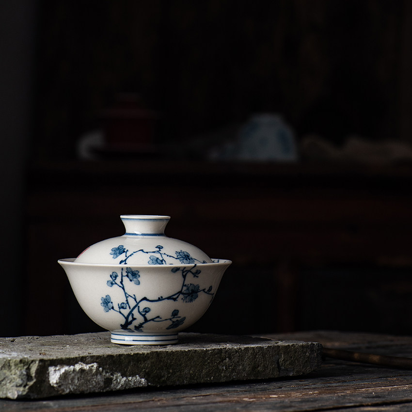 独清 草木灰青花二才盖碗 陶瓷景德镇禅意家用防烫茶具梅花泡茶碗