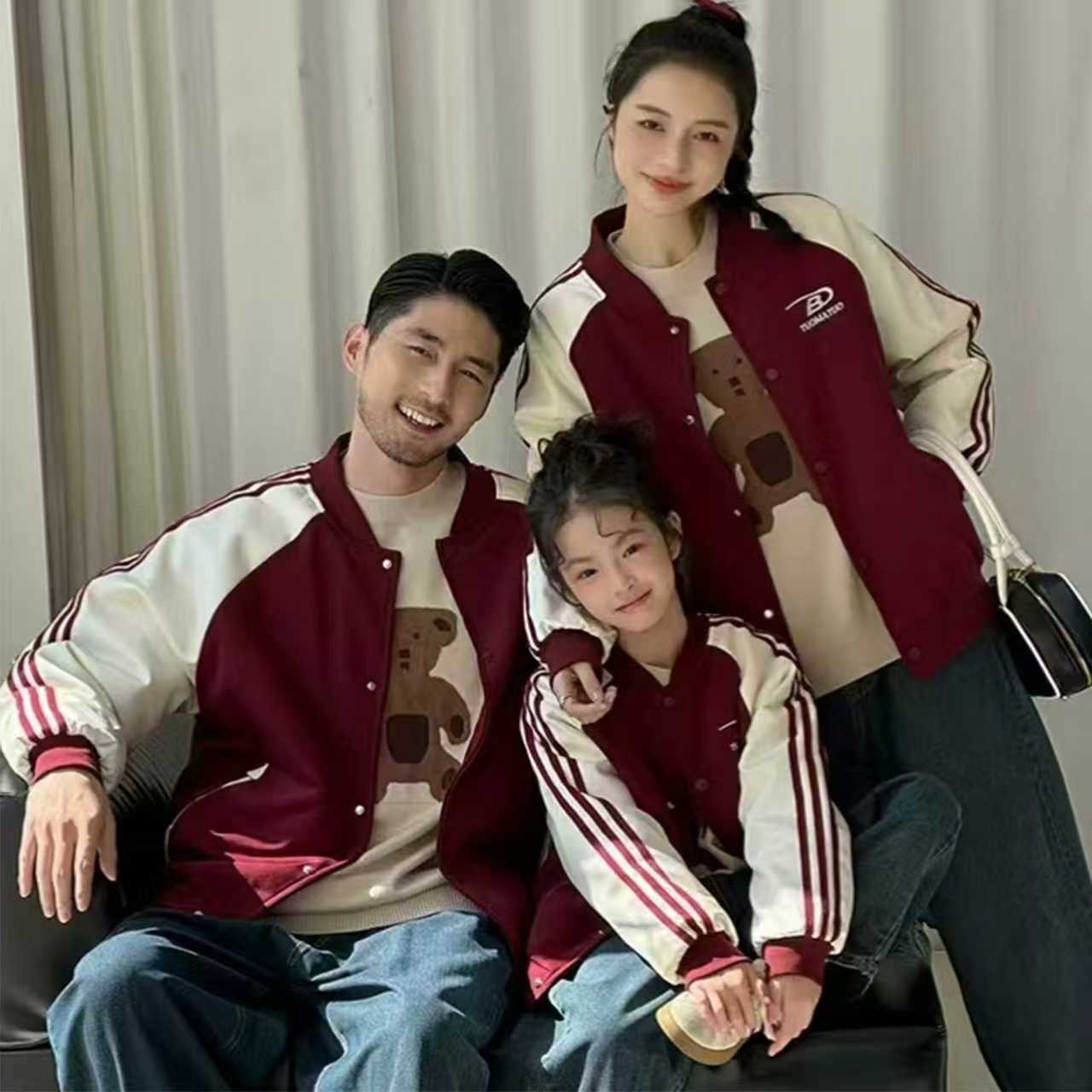 炸街亲子装秋冬开衫一家三口2025新款加厚夹棉棒球服时尚母女外套