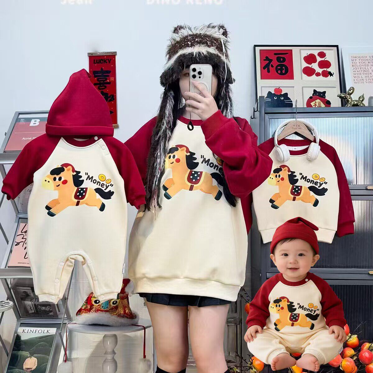 炸街秋冬亲子装一家三口2026新款婴儿卡通过年母女加绒时尚卫衣