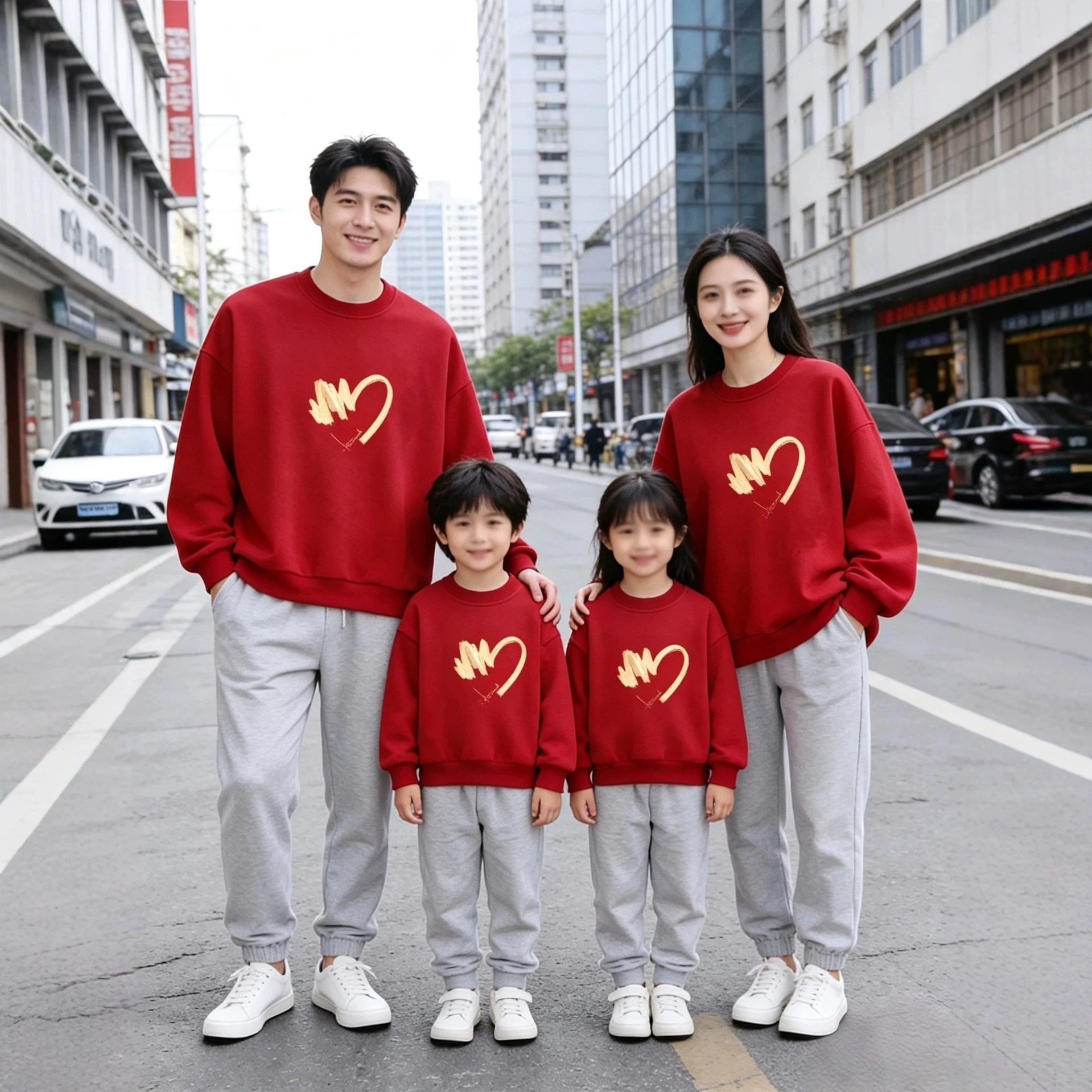 婴儿亲子装秋冬卫衣一家三口新款红色加绒时尚洋气母女母子全家福