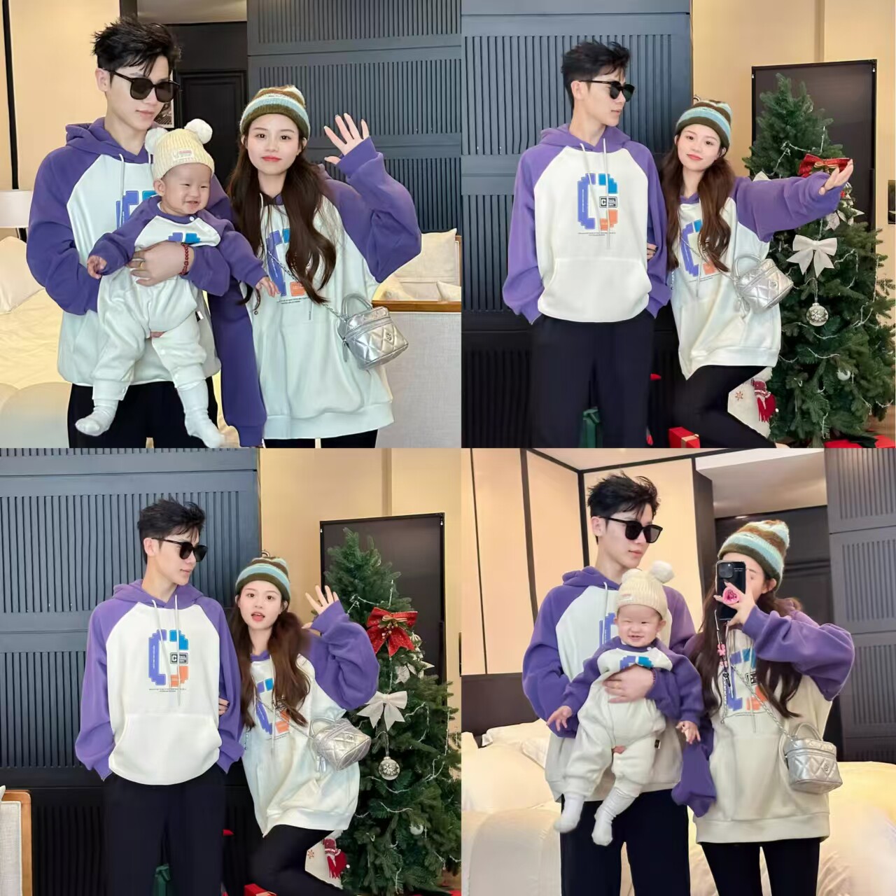 高端亲子装秋冬一家三口全家装婴儿爬服母子母女韩版加绒连帽卫衣